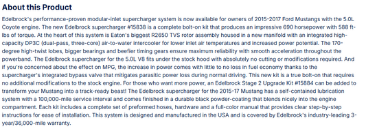 Edelbrock Stage 1 Supercharger Kit For 2015-17 Ford Mustang 5.0L W/ Tune