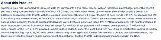 Edelbrock Stage 1 Supercharger Kit  For 2016-23 Camaro 3.6L V6 W/ Tune