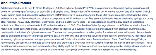 Edelbrock Part E-Street 15-Degree Cylinder Heads for GM LS3 Engines with .660" lift