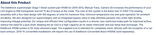 Edelbrock Stg 1 Supercharger For 10-13 Camaro SS LS3 Manual Trans W/ Tune
