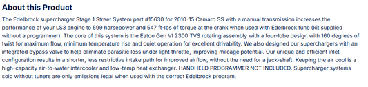 Edelbrock Stg 1 Supercharger 2010-15 Camaro SS LS3 Manual Tran W/O Tune
