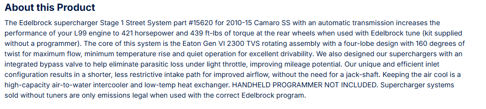 Edelbrock Stg 1 Supercharger For 2010-15 Camaro SS L99 Auto Tran W/O Tune