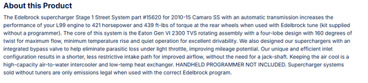 Edelbrock Stg 1 Supercharger For 2010-15 Camaro SS L99 Auto Tran W/O Tune