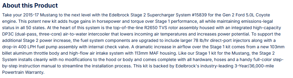 Edelbrock Stg 2 Complete Supercharger 2015-17 Mustang Coyote 5.0L W/ Tune