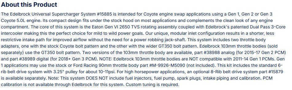 Edelbrock Supercharger Kit For Ford Coyote 5.0 V8 Swap