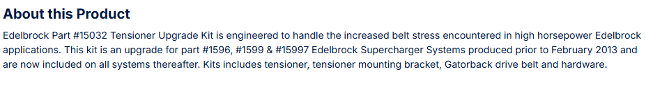 Edelbrock Upgrade Belt Tensioner Kit  For Part #1596, #1599, #15997