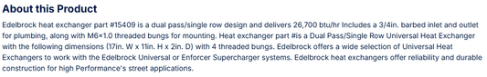 Edelbrock Heat Exchanger Dual Pass/Single Row 17" L x 11" W x 2" D