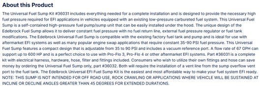 Edelbrock Universal EFI Fuel Sump Kit, 35-90 PSI, 67 GPH/255 LPH