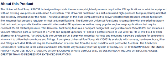 Edelbrock Universal EFI Fuel Sump, 35-90 PSI, 67 GPH/255 LPH