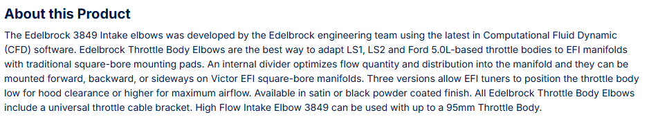 Edelbrock Throttle Body Intake Elbow High Flow, 90mm Opening, Satin Finish