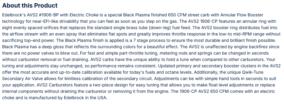 Edelbrock AVS2 650 CFM Carburetor Electric Choke, Black Plasma Finish