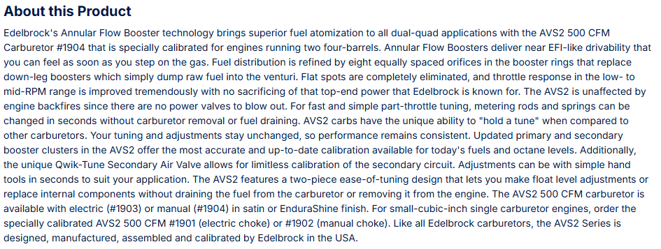 Edelbrock AVS2 Carburetor 500 CFM With Manual Choke, Satin Finish (Non-EGR)