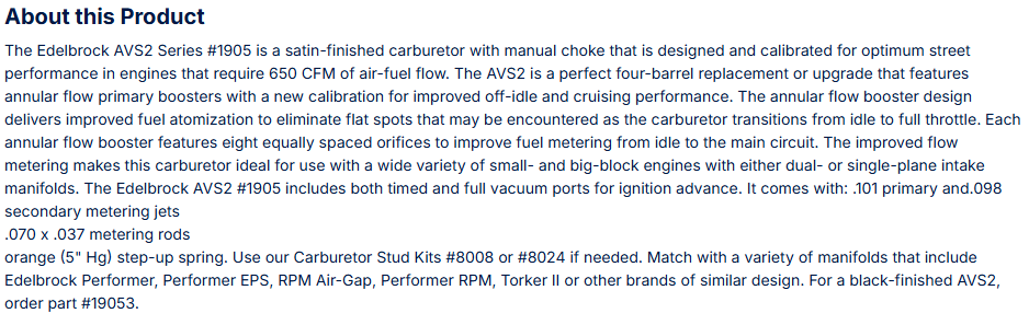 Edelbrock AVS2 Carburetor 650 CFM With Manual Choke, Satin Finish (Non-EGR)