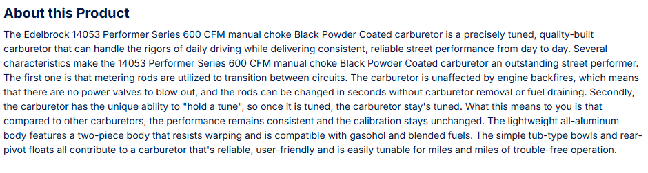 Edelbrock Performer Carb 600 CFM Manual Choke, Black Powder Coated Finish (Non-EGR)
