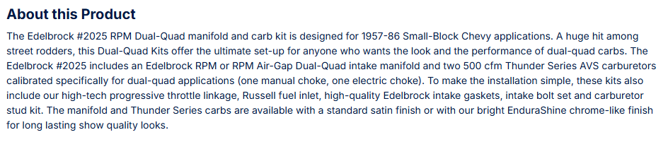 Edelbrock RPM Dual-Quad manifold and carb Kit for 1957-86 Small-Block Chevy
