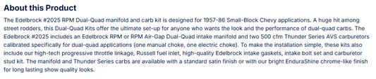 Edelbrock RPM Dual-Quad manifold and carb Kit for 1957-86 Small-Block Chevy