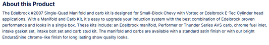 Edelbrock Single-Quad Manifold and carb Kit for Small-Block Chevy Vortec heads