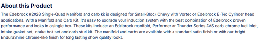 Edelbrock Single-Quad Manifold and carb Kit Small-Block Chevy with Vortec Heads