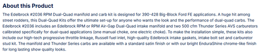 Edelbrock RPM Dual-Quad manifold and carb Kit for 390-428 Big-Block Ford FE