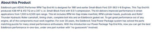 Edelbrock Performer RPM 438 HP Top End Kit for 1981 and earlier Ford 331-363 V8 Engines