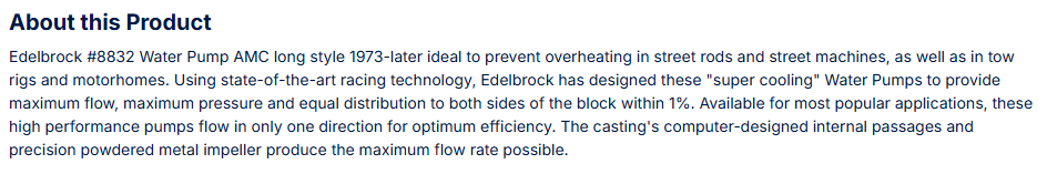 Edelbrock Water Pump AMC Long Style 1973-Later