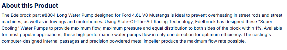 Edelbrock Water Pump Ford 4.6L V8 Mustang Long