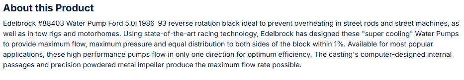 Edelbrock Water Pump Ford 5.0 V8 Reverse Rotation in Black Finish