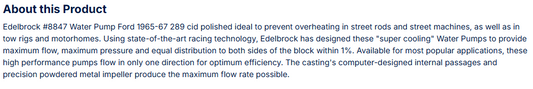 Edelbrock Water Pump Ford 1965-67 289 cid Polished