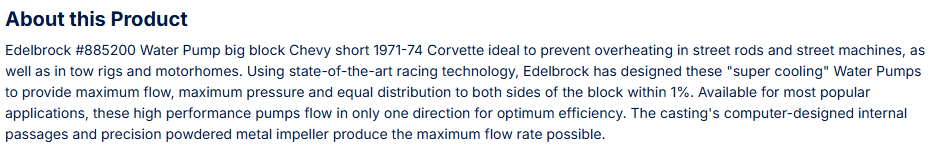Edelbrock Water Pump for 1971-74 Big-Block Chevy Corvettes in Satin Finish