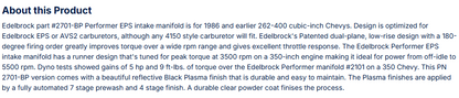 Edelbrock Performer EPS Intake Manifold for 55-86 Small-Block Chevy w/ Black plasma Finish