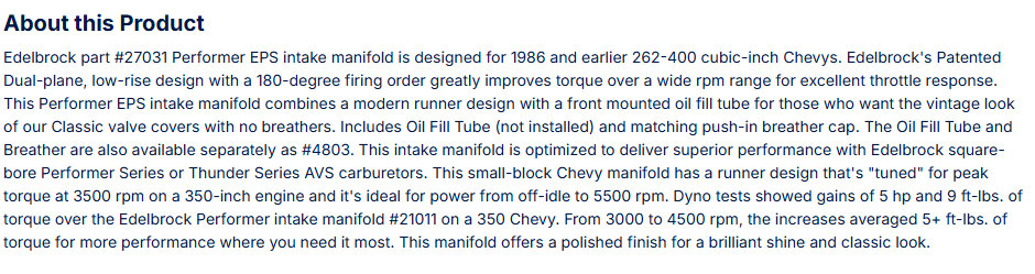 Edelbrock Performer EPS Manifold w/Oil Fill Tube for Small-Block Chevy, Polished Finish