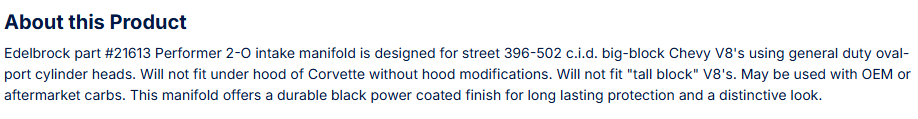 Edelbrock Performer 2-O Intake Manifold for 1965-90 Big-Block Chevy, Black Finish