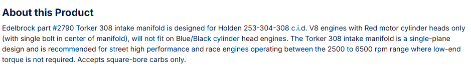 Edelbrock Torker Holden 253-308 w/ Red Motor Cylinder Heads