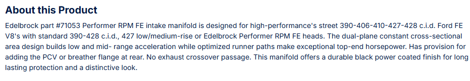 Edelbrock Performer RPM Ford FE 390 Black Intake Manifold