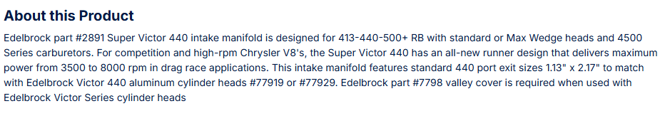Edelbrock Super Victor Chrysler 440 Intake Manifold