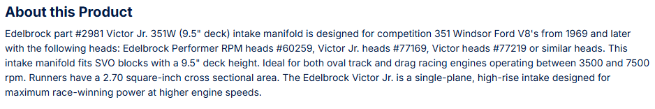 Edelbrock Victor Jr. 351W Intake Manifold Small-Block Ford