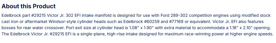 Edelbrock Victor Jr. Small Block Ford 302 EFI Intake Manifold