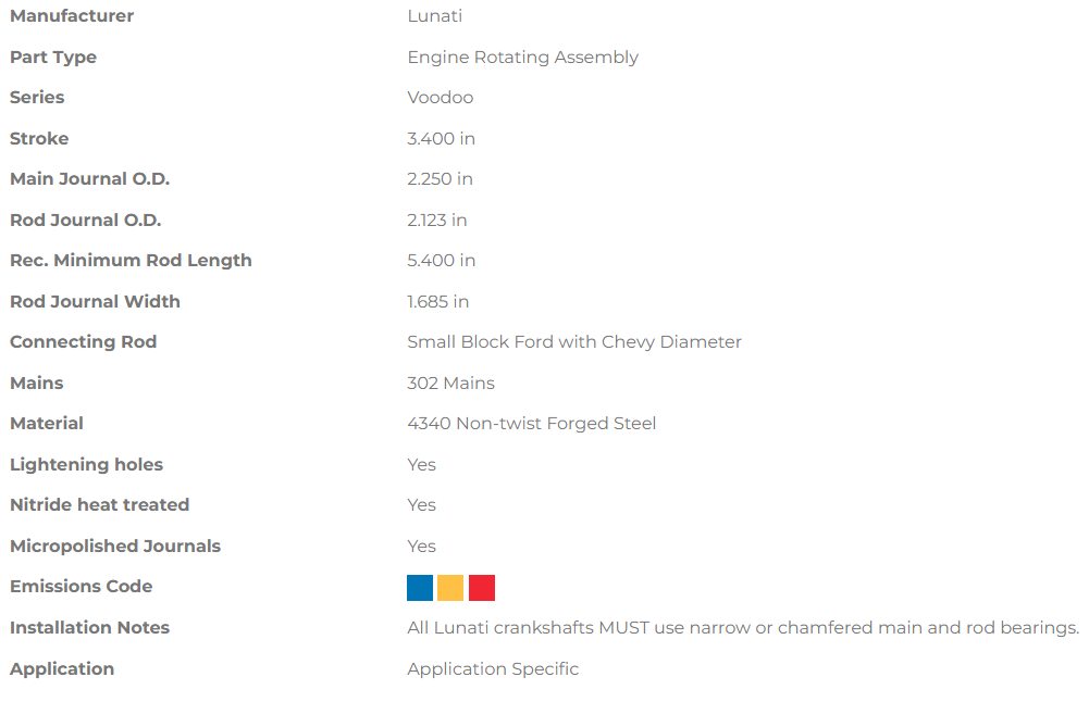 Lunati Voodoo series Crankshaft - Ford Small Block 302 - 3.400" Stroke