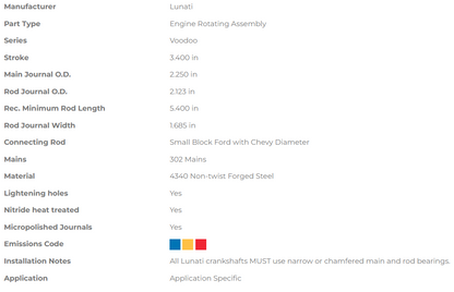 Lunati Voodoo series Crankshaft - Ford Small Block 302 - 3.400" Stroke