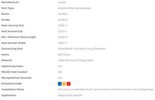 Lunati Voodoo series Crankshaft - Ford Small Block 302 - 3.400" Stroke