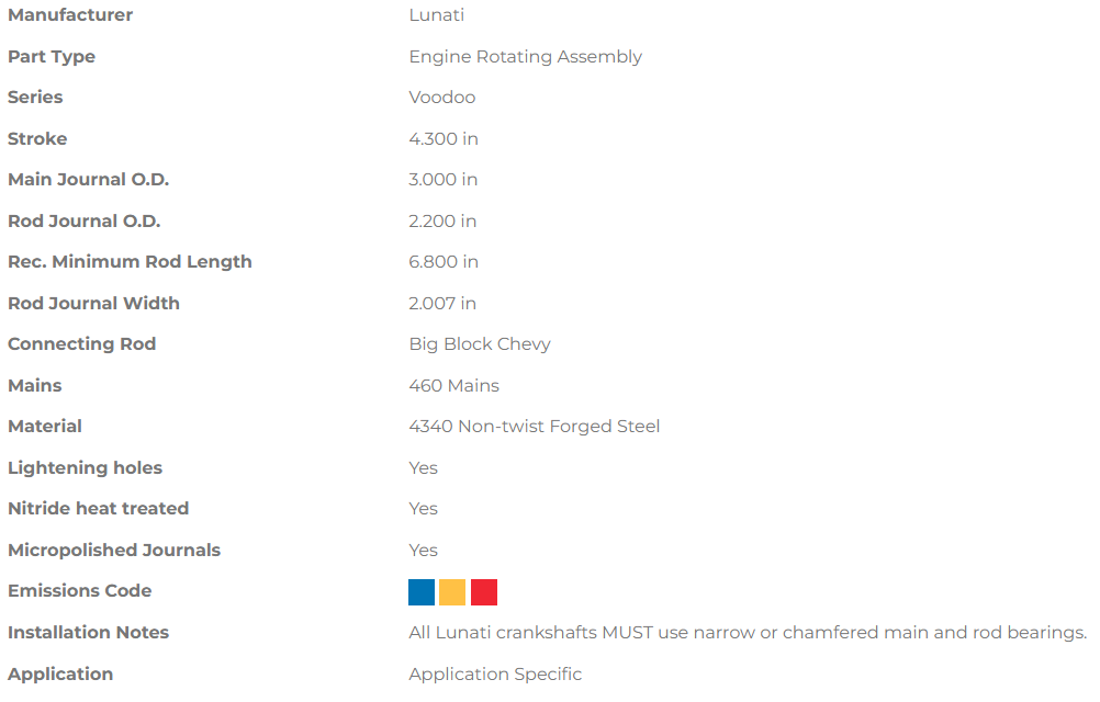 Lunati Voodoo series Crankshaft - Ford 460 Big Block 4.300" Stroke