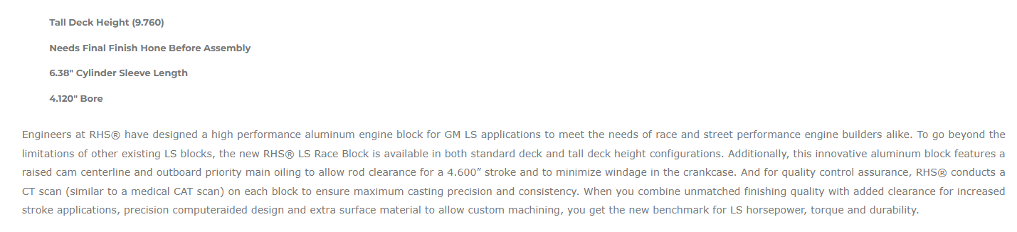 RHS LS Aluminum Race Block (Ready to Hone) 9.750" Tall Deck - 4.120" Bore