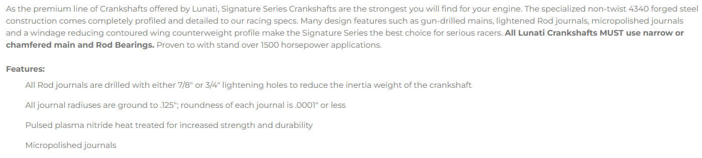 Lunati Signature Series Crankshaft - Chevrolet Big Block 3.750" Stroke (2-Piece Rear Main)