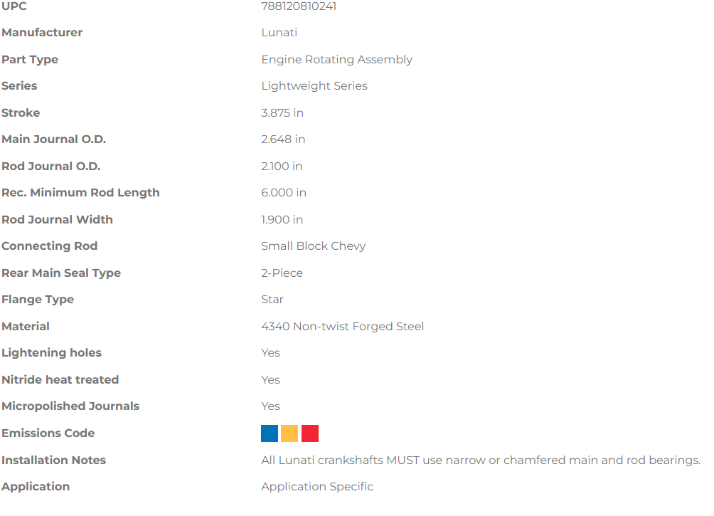 Lunati Lightweight Series Crankshaft - Chevrolet Small Block 3.875" Stroke (2.648" Main Journal)