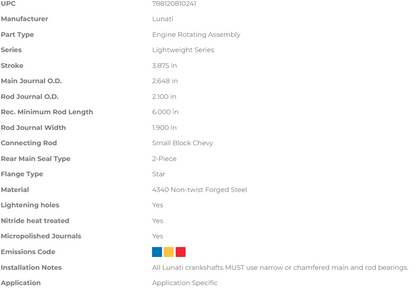 Lunati Lightweight Series Crankshaft - Chevrolet Small Block 3.875" Stroke (2.648" Main Journal)