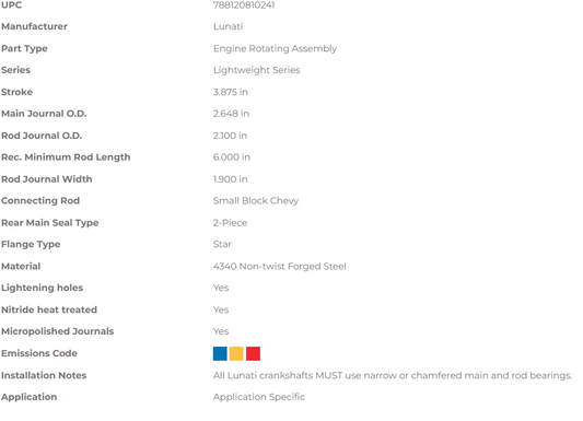 Lunati Lightweight Series Crankshaft - Chevrolet Small Block 3.875" Stroke (2.648" Main Journal)