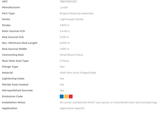Lunati Lightweight Series Crankshaft - Chevrolet Small Block 3.875" Stroke (2.448" Main Journal)