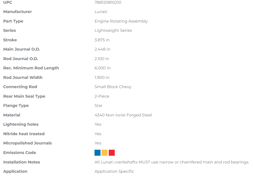 Lunati Lightweight Series Crankshaft - Chevrolet Small Block 3.875" Stroke (2.448" Main Journal)