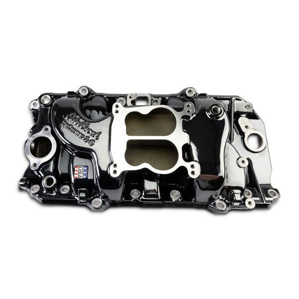 Edelbrock Performer 2-O Manifold for 1965-90 B/B Chevy Oval Port Heads, Black Plasma
